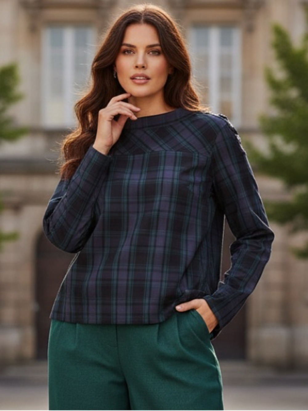 J.Crew Black Watch Plaid Cotton Top Rhinestone Buttons Hi-Low Hem Sz 16 Preppy